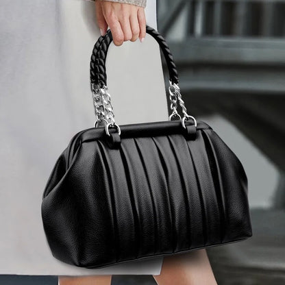 ZYB124 Stylish Pleated Leather Handbag with Chain Accent